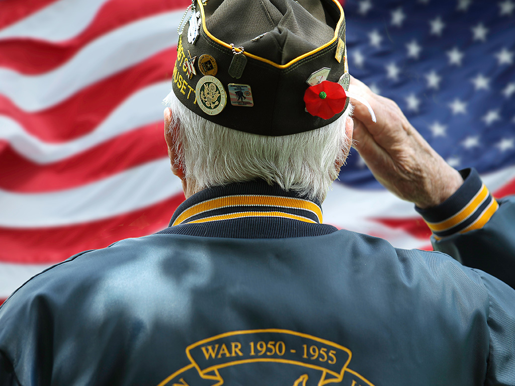 A veteran with a decorated cap salutes a large U.S. flag